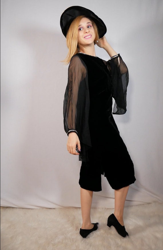 Black Velvet Midi Length Dress Bell Sleeves Glamo… - image 7