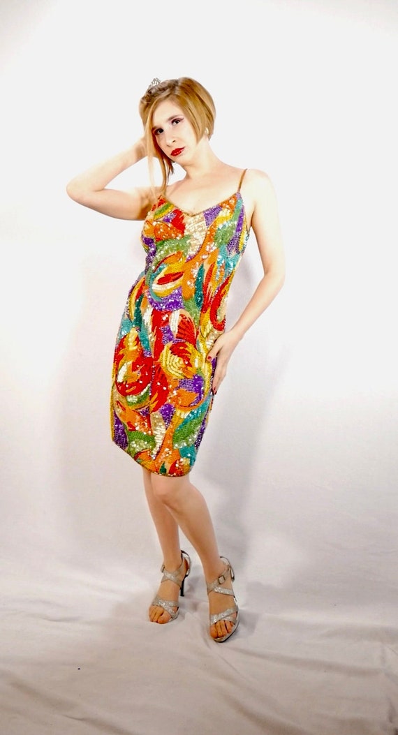 Tropical Beaded Mini Dress Rainbow Colors  Circa 1