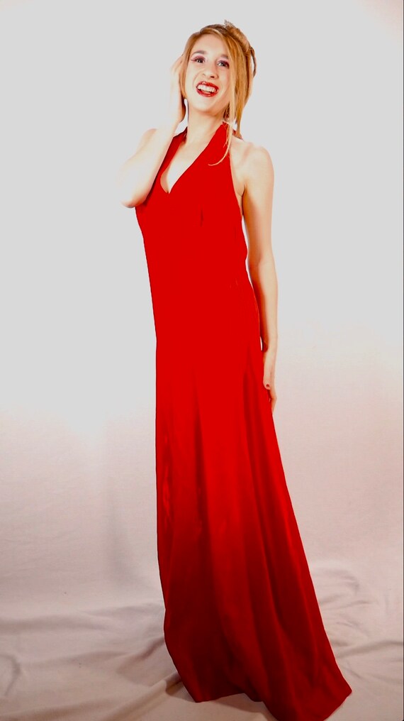 Bright Red Velvet Maxi Halter Dress Size Large  C… - image 4