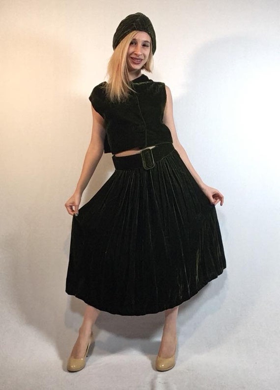 Vintage Green Velvet Blouse and Skirt