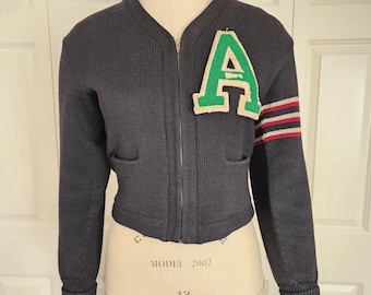 Vintage 1940’s Varsity A Knit Sweater Navy with Green, Red & Cream Size S