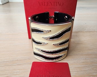 Vintage Valentino Leather Zebra Stripe Rhinestone Runway Statement Cuff Bracelet