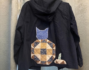 womens upcycled cat in a pumpkin quilt block jacket
