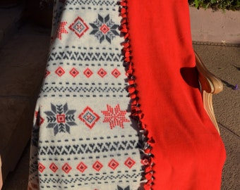 White and Red Fair Isle No-Sew Blanket