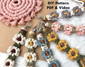 Video fai da te con motivo floreale Macrame e tutorial in pdf, accessori portachiavi boho con margherite floreali, download istantaneo