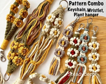 DIY pattern bundle macrame flower video tutorial, keychain + wristlet + plant hanger, boho floral accessory combo set, instant download