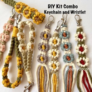 DIY kit bundle, wristlet and keychain set macrame flower pattern craft kit video tutorial, boho floral accessory gift