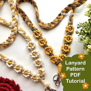 DIY Flower Lanyard Macrame Pattern PDF Tutorial, teacher badge holder keys ID clip, boho daisy floral craft gift, instant download