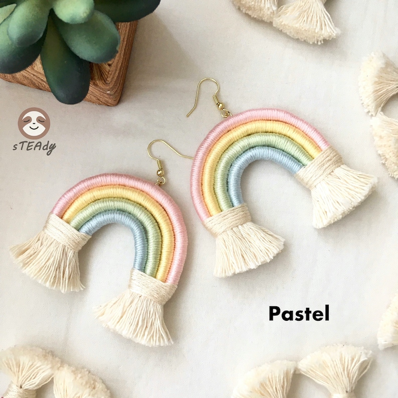 Large rainbow macrame earrings, boho dangle colourful jewelry, cute statement fringe earrings gift image 8