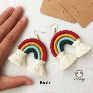Large rainbow macrame earrings, boho dangle colourful jewelry, cute statement fringe earrings gift image 7