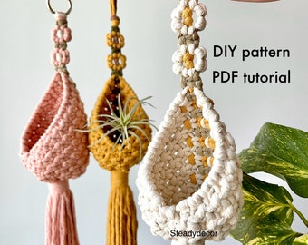 DIY flower pattern macrame pod pdf tutorial, boho daisy air plant hanger, floral cute hanging basket, small storage, instant download