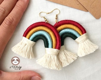 Large rainbow macrame earrings, boho dangle colourful jewelry, cute statement fringe earrings gift