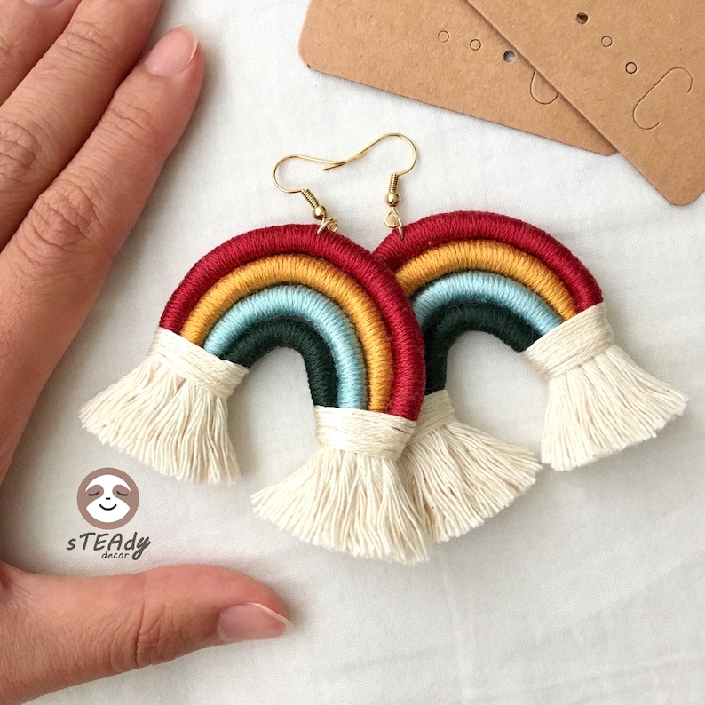 Large rainbow macrame earrings, boho dangle colourful jewelry, cute statement fringe earrings gift image 1