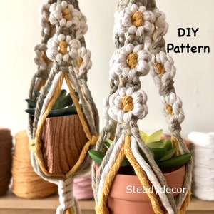 DIY Macrame plant hanger flower pattern video tutorial intermediate, floral boho pot holder cute daisy, instant download