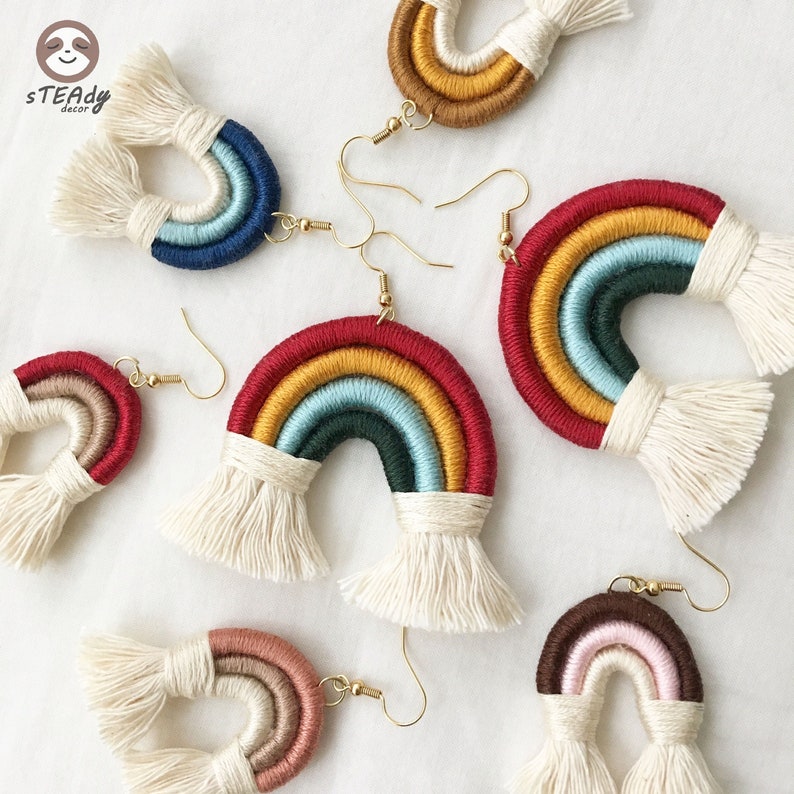 Large rainbow macrame earrings, boho dangle colourful jewelry, cute statement fringe earrings gift image 10