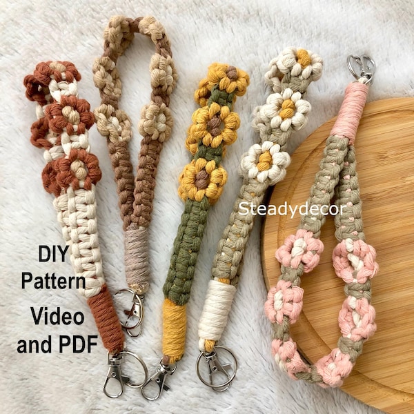 DIY pattern wristlet keychain macrame flower pdf and video tutorial, boho key fob strap wrist lanyard, daisy floral bracelet keyring