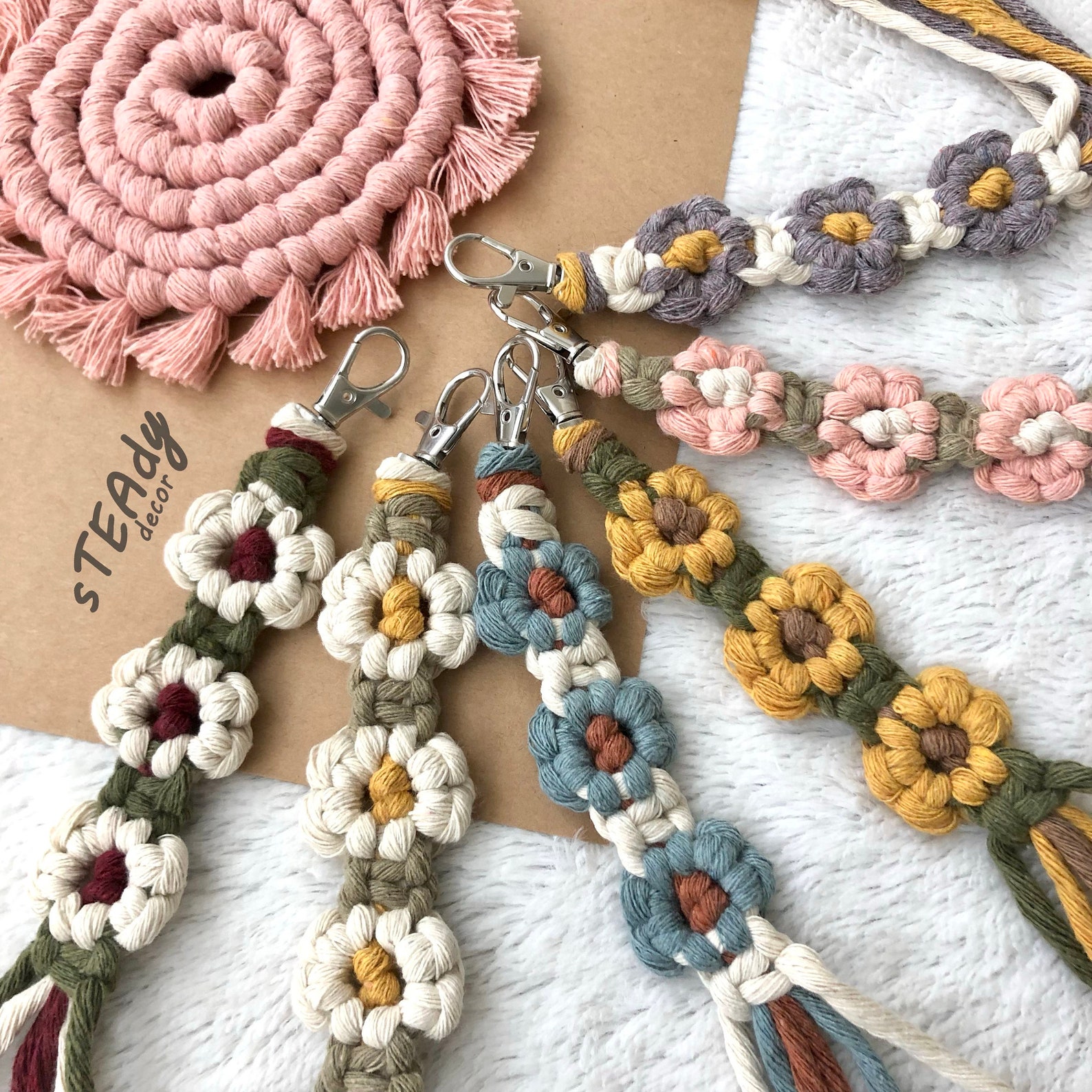 Macrame keychain flower keyring cute boho daisy accessories Etsy