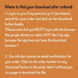 K&ouml;nnte beinhalten: Text auf einem pfirsichfarbenen Hintergrund, der erkl&auml;rt, wie Sie Ihren digitalen Download nach der Bestellung bei Etsy finden. Es hei&szlig;t, Sie sollen sich in Ihr Etsy-Konto einloggen, zu den K&auml;ufen gehen, Ihre Bestellung finden und auf den Download-Button klicken. Es hei&szlig;t auch, dass Sie sich mit einem Browser wie Google Chrome oder Safari anmelden m&uuml;ssen, nicht mit der Etsy-App, da die App die Download-Funktion nicht hat. Es hei&szlig;t auch, dass Sie eine E-Mail-Best&auml;tigung f&uuml;r Ihre Bestellung erhalten. Klicken Sie auf die Bestellnummer oder einen beliebigen Download-Button in der E-Mail, und Sie werden zu einer Seite weitergeleitet, auf der Sie die Datei herunterladen k&ouml;nnen.