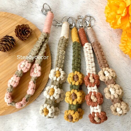 Poagoep Handmade Boho Keychain Wristlet - Macrame Flower Key Lanyard For Women - View #2