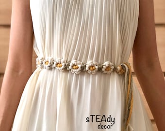 Macrame Flower Belt, Boho Daisy Retro Tie Belt Strap, Recycled Cotton, Wedding Bridal Accessory