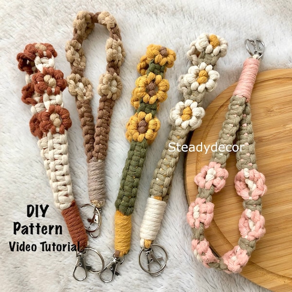 DIY pattern wristlet keychain macrame flower video tutorial, boho key fob strap wrist lanyard daisy bracelet keyring, instant download