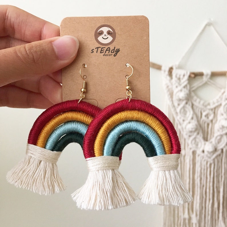 Large rainbow macrame earrings, boho dangle colourful jewelry, cute statement fringe earrings gift image 4