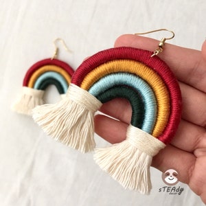 Large rainbow macrame earrings, boho dangle colourful jewelry, cute statement fringe earrings gift image 3