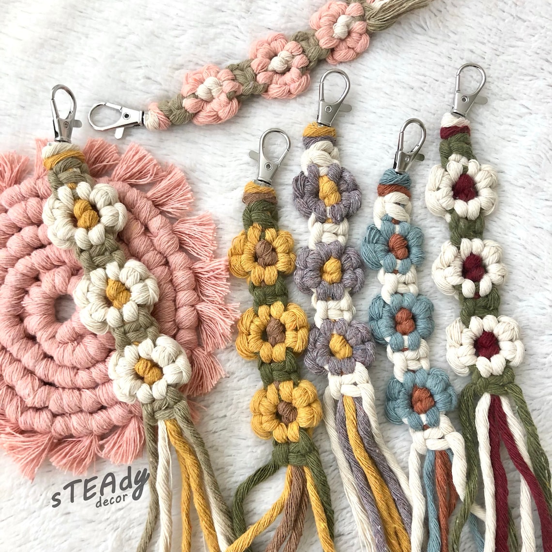 Macrame keychain flower keyring cute boho daisy accessories Etsy