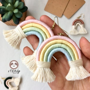 Large rainbow macrame earrings, boho dangle colourful jewelry, cute statement fringe earrings gift image 5