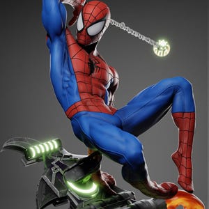 May include: A red and blue action figure of Spider-Man swinging from a web, perched on a black and green spaceship with flames coming from the back.