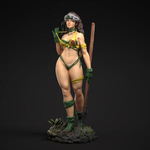 May include: A figurine of a character in a yellow and green costume, holding a staff. The character has green gloves and boots, with a yellow and green top and bottom. The figurine is standing on a rocky base.
