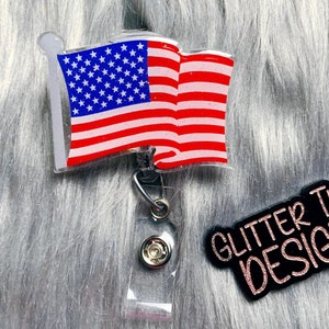 LOVEKITTY ® - Embroidered American Flag Star Shape Bling Bling Retractable  ID Badge Reel/Name Badges/ID Badge Holder/Doctor Nursing Badge/Teacher