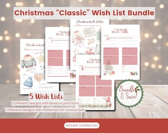 May include: A printable Christmas wish list bundle with five different designs. The designs feature watercolor illustrations of wintery scenes, including a sweater, a gingerbread cookie, a Christmas tree, and a gnome. The text "Christmas Wish List" is featured on each design.