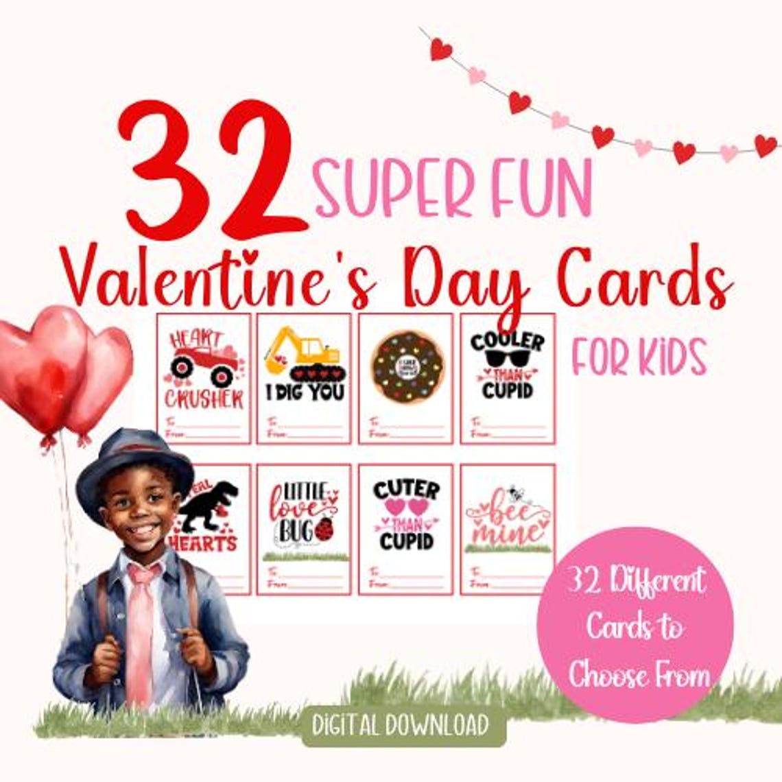 32 Printable Kids Valentine Cards - Digital Download for Class Exchange ...