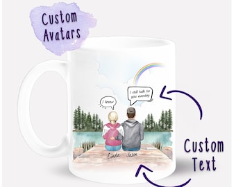 May include: White ceramic mug with a watercolor illustration of a couple sitting on a dock with a rainbow in the sky. The text "I know" and "I still talk to you everyday" are in speech bubbles. The names "Linda" and "Jason" are written on the dock.