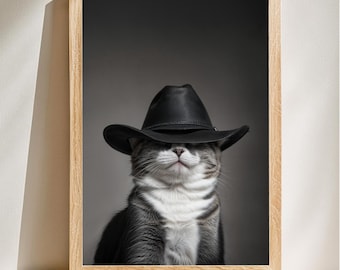 Funny Cat Wall Art, Cowboy Cat Portrait, Western Cat Print, Funny Cat Wall Art, Country Cat, Black Hat Cat Print, Digital Download