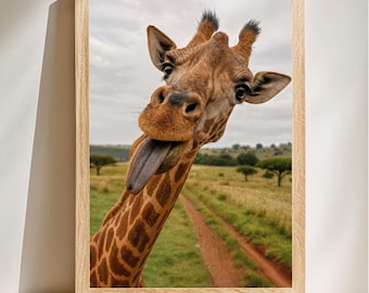 Funny Giraffe Wall Art, Silly Animal Poster with Tongue Out, Quirky Wildlife Print, Cool Giraffe Decor, Digital Download
