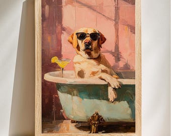 Cool Dog Bath Art, Labrador Bathtub Print, Funny Bathroom Decor, Whimsical Animal Art, Digital Download