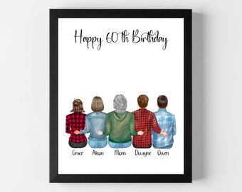 May include: A framed illustration of five people standing with their backs to the viewer. The illustration is in a cartoon style and the people are wearing casual clothing. The text "Happy 60th Birthday" is at the top of the illustration. The names "Grace, Alison, Mom, Dwayne, Owen" are written below the people.