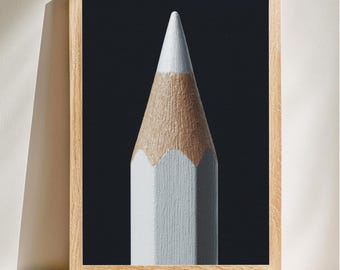 Arte minimalista con lápiz blanco, diseño minimalista, decoración moderna para oficina, lámina de papelería única, estilo contemporáneo, descarga digital.