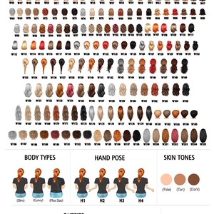 Op de afbeelding: Een grafiek met opties om een ​​vrouwelijke avatar aan te passen. De grafiek bevat kapsels, lichaamstypen, handhoudingen, huidtinten en outfits. De tekst op de grafiek luidt "Vrouwelijke opties", "Kapsels", "Lichaamstypen", "Handhouding", "Huidtinten", "(Bleek)", "(Gezond)", "(Donker)", "(Slank)", "(Bovenlichaam)", "(Plus Size)", "H1", "H2", "H3", "H4", "Outfits", "Optioneel", "Engelen vleugels", "Halo".