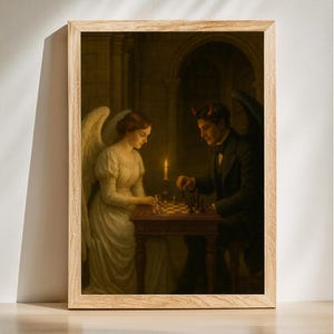 May include: A framed print depicts an angel and a devil playing chess by candlelight. The angel wears a white dress and has feathered wings. The devil has horns and a dark suit. The chess set is on a small table.
