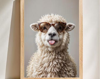 Funny Sheep Poster, Cute Animal Wall Art, Quirky Farmhouse Print, Sheep Tongue Out Picture, Whimsical Animal Decor, Digital Download
