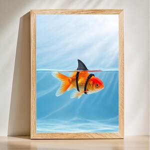 Goudvis haai poster, Be Brave Wall Art, grappige motiverende print, illustratie gedurfde vis, digitale download
