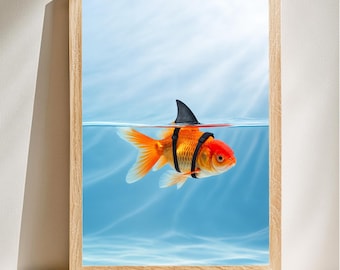 Póster de tiburón dorado, arte mural "Sé valiente", impresión motivacional divertida, ilustración de pez atrevida, descarga digital