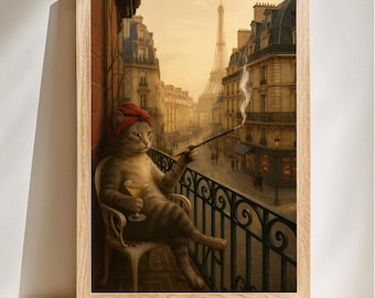 Funny Paris Cat Art, Cat with Wine Print, French Cat Poster, Eiffel Tower Wall Art, Cat Lover Gift, Parisian Cat Wall Art, Digital Download