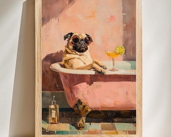 Arte de un carlino en la bañera, pintura divertida de un perro, decoración de pared para el baño, retrato de mascota original, impresión de estilo vintage, descarga digital.