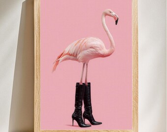 Arte de moda con flamencos elegantes, arte pop atrevido, decoración animal peculiar, arte de pared divertido, estilo único para el hogar, tema de conversación, descarga digital