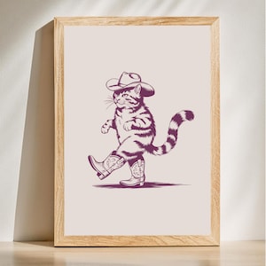 May include: A purple line drawing of a cat wearing a cowboy hat and boots, walking with its tail curled up.