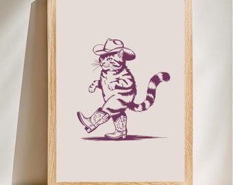 Cowboy Cat Poster, Western Cat Print,  Retro Cat Art, Country Cat Illustration, Cowboy Cat Art, Vintage Western Style Art, Digital Download